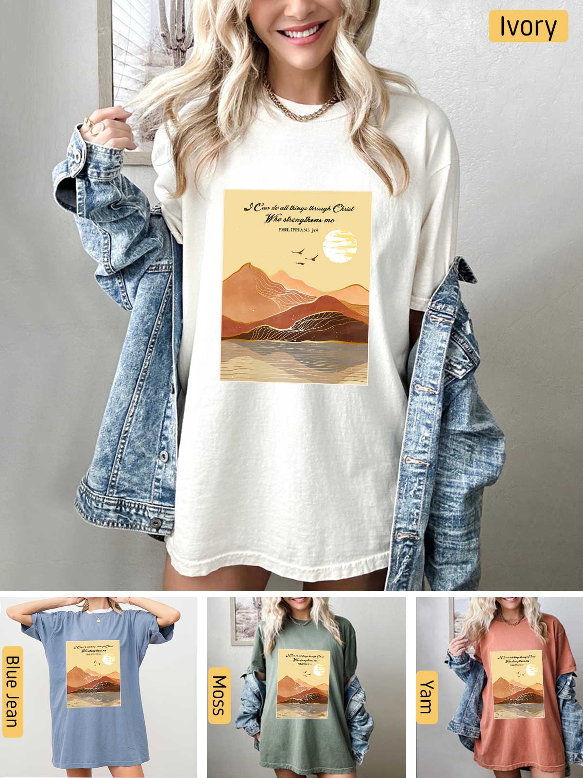 a collage of photos of a woman wearing a t - shirt and denim jacket