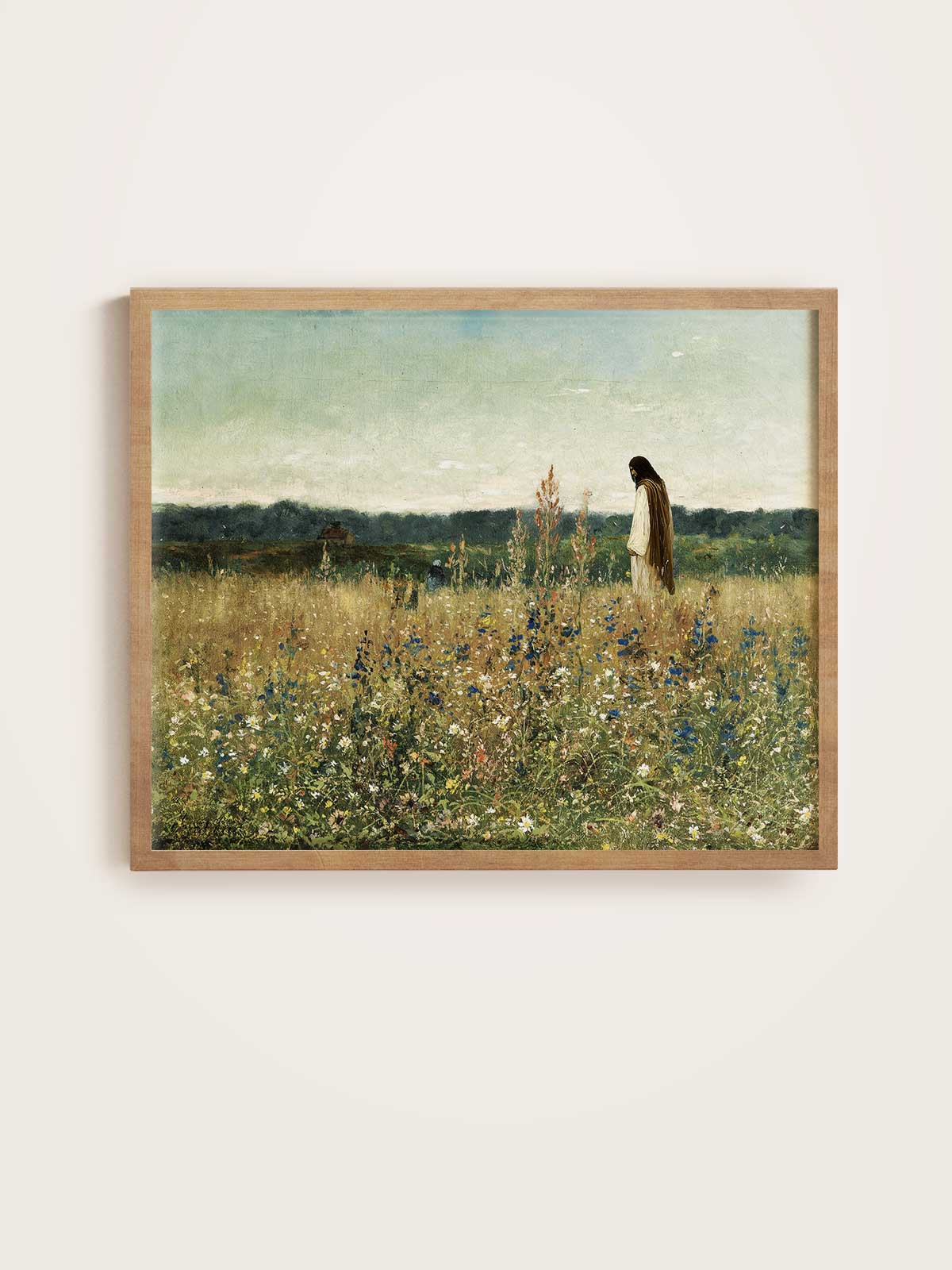 The image is a framed painting depicting a person standing in a field of tall grass and wildflowers.