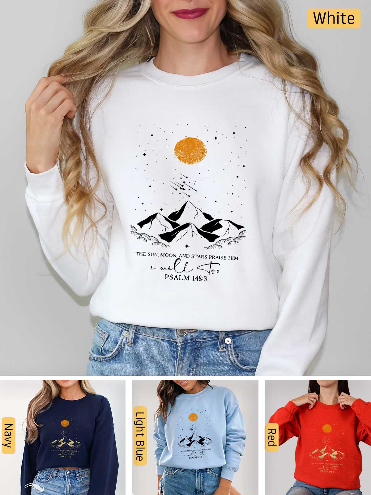 a woman wearing a sweatshirt with a mountain scene on it