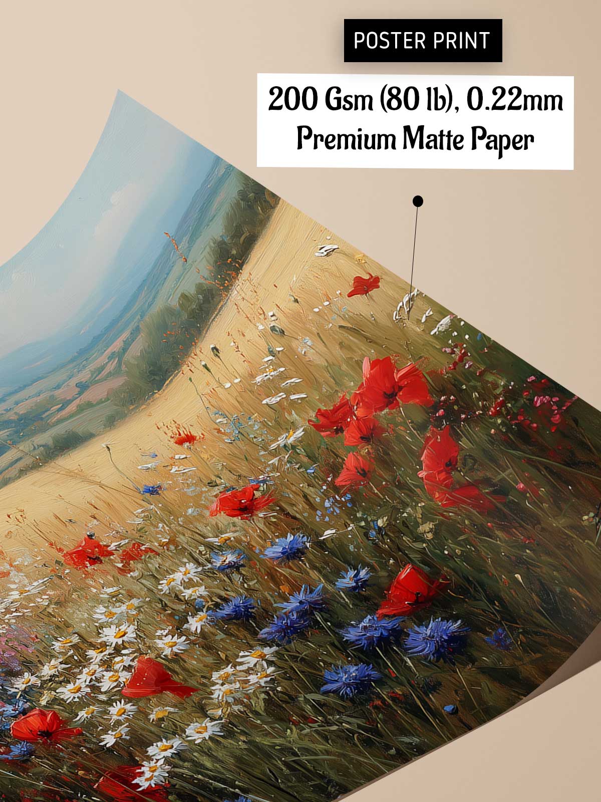 The image is a poster print featuring a vibrant field of red poppies and blue flowers against a backdrop of a blue sky and green grass.