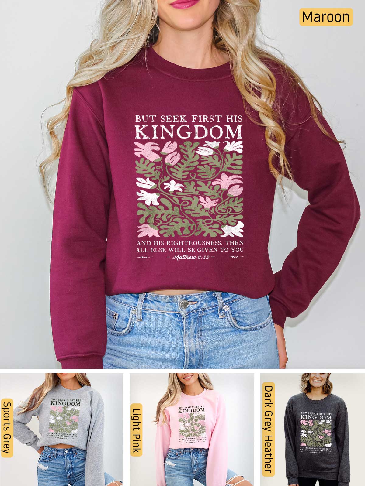 a woman wearing a maroon sweatshirt with the words, but i see first he kingdom