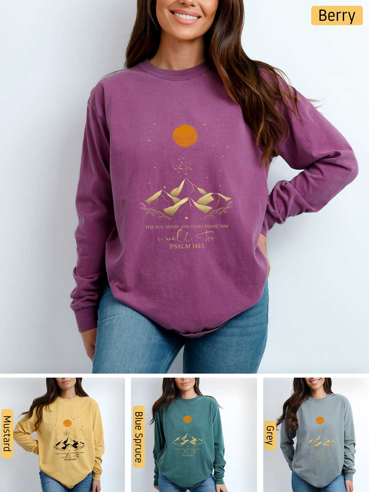 a woman wearing a purple sweater with mountains on it