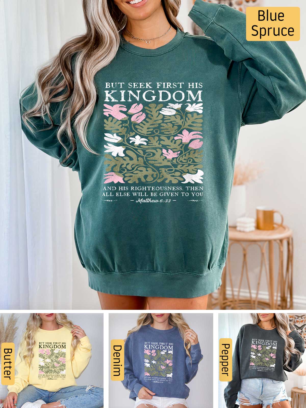 a woman wearing a sweatshirt that says but seek first, the kingdom