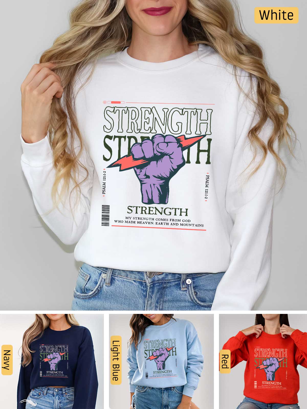 a woman wearing a sweatshirt with the words strength on it