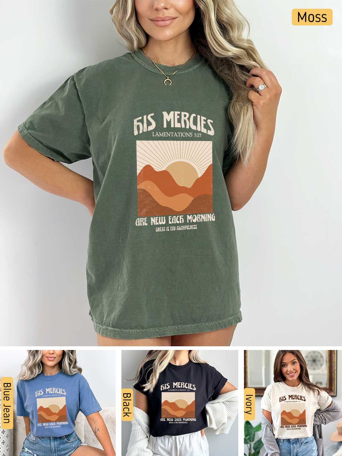 a woman wearing a tshirt with a mountain scene on it