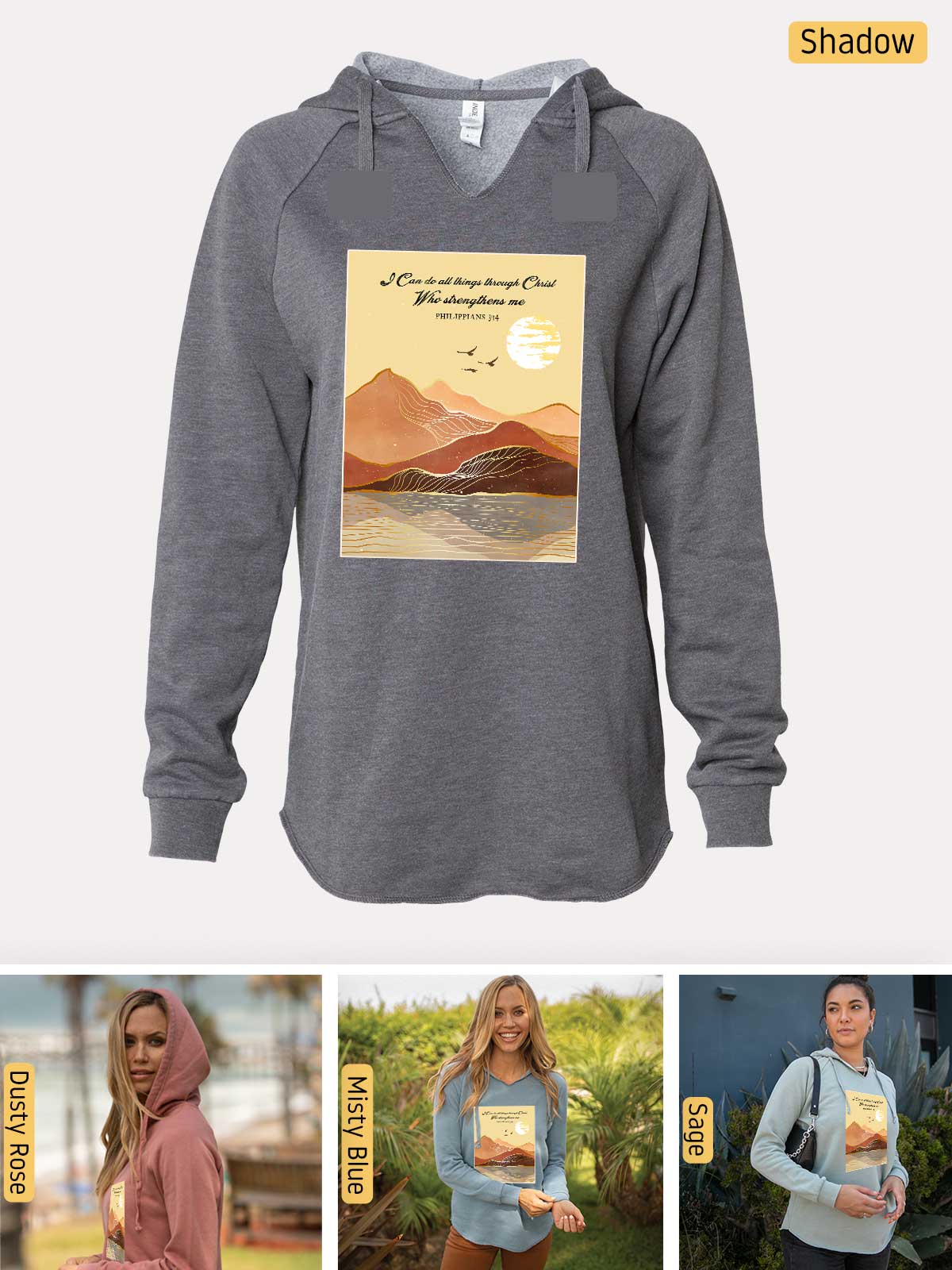 a women's hoodie with a picture of a woman in the background