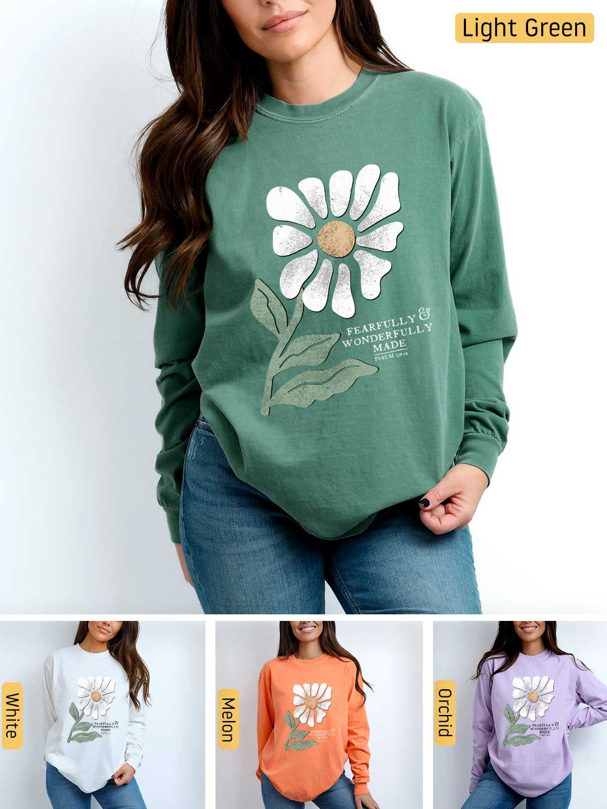 a woman wearing a sweatshirt with a flower on it