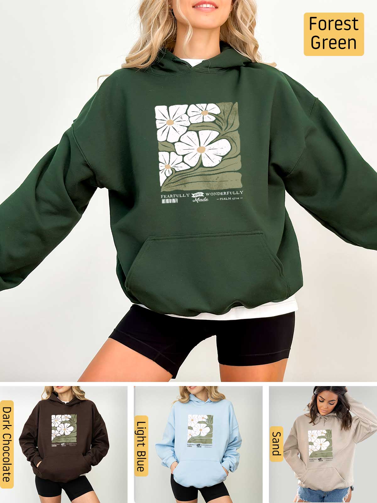 a woman wearing a green hoodie with flowers on it