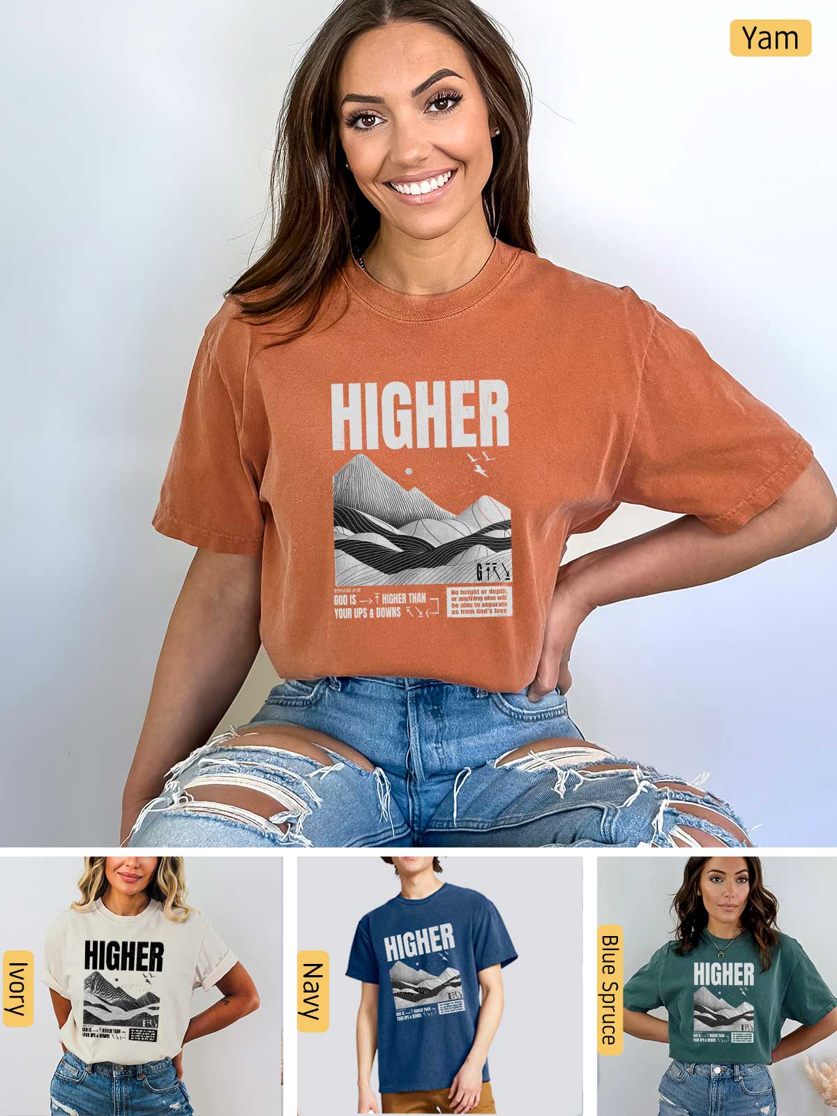 a woman wearing a t - shirt with the words higher on it