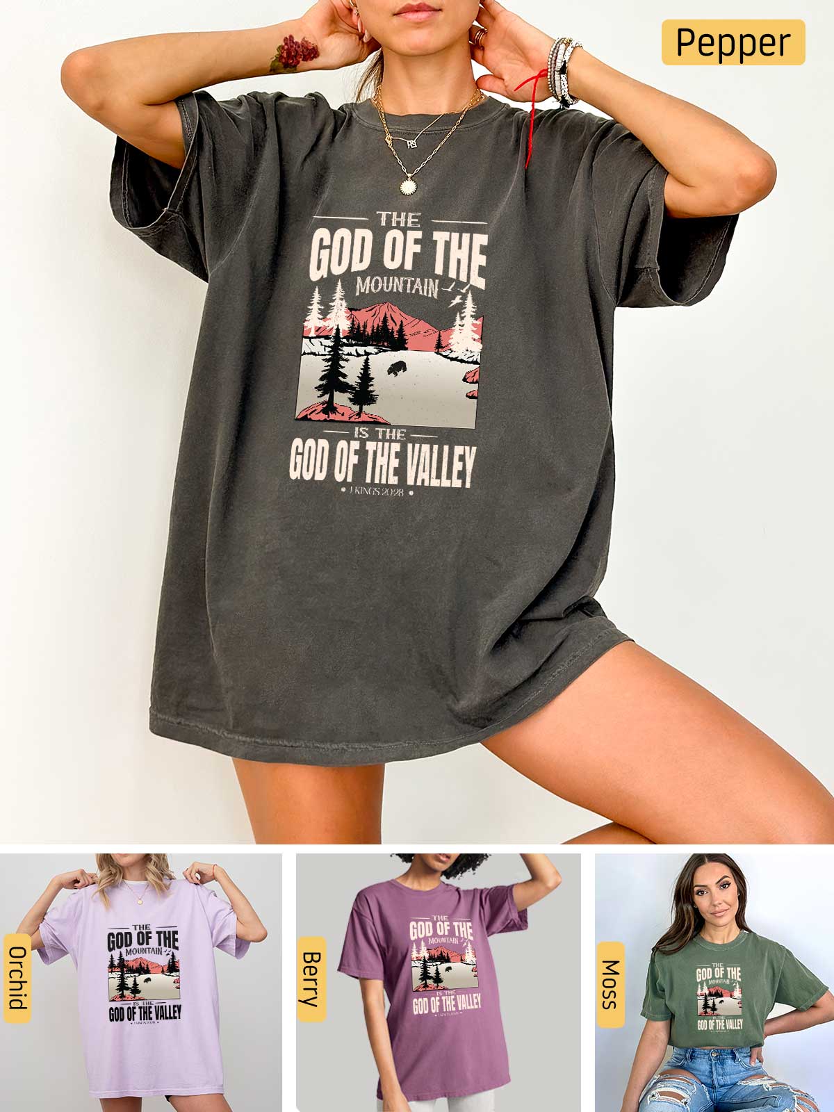 a woman wearing a t - shirt that says god of the mountains