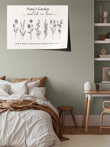 Modern Birth Flower Family Print – Line Art on White (Alternate Design)