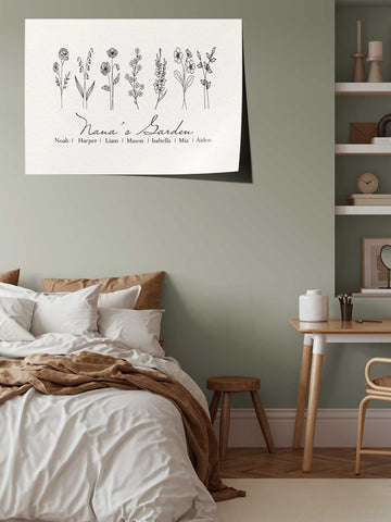 Modern Birth Flower Family Print – Line Art on White