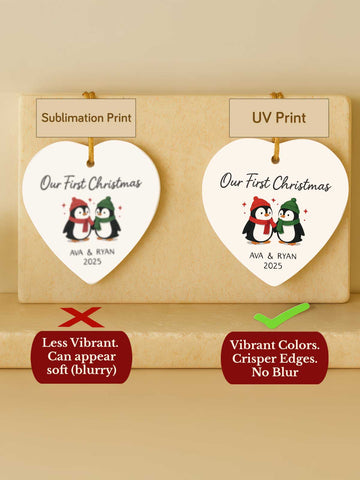 Couples Ornament – Our First Christmas Penguins (Heart)