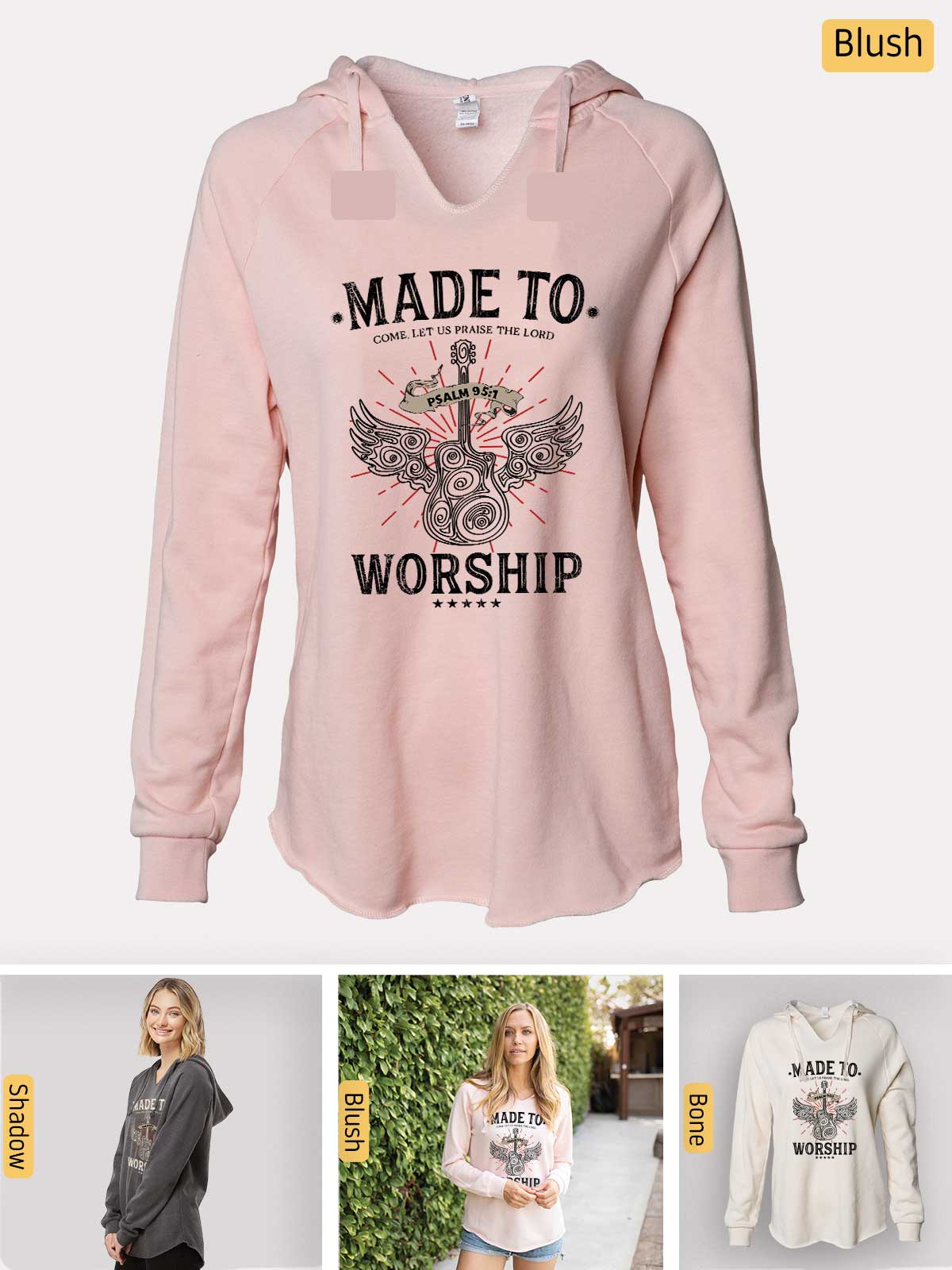 a women's sweatshirt with the words made to worship printed on it