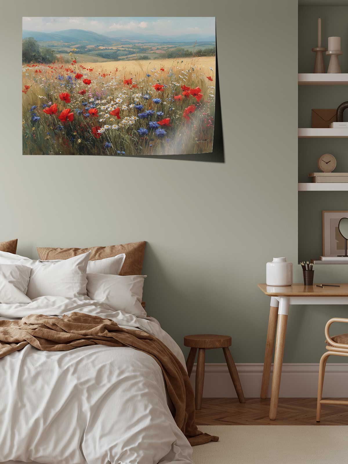 a serene bedroom scene with a bed, a wooden table, and shelves displaying various items. The walls are painted a light green color, and the room is decorated with a large painting of a field of flowers hanging above the bed.