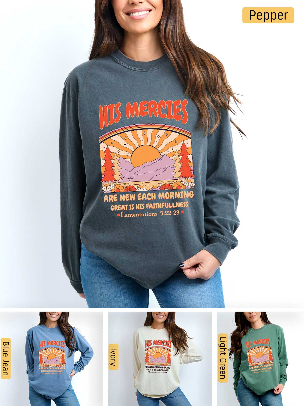 a woman wearing a sweatshirt that says miss merricks are new each morning