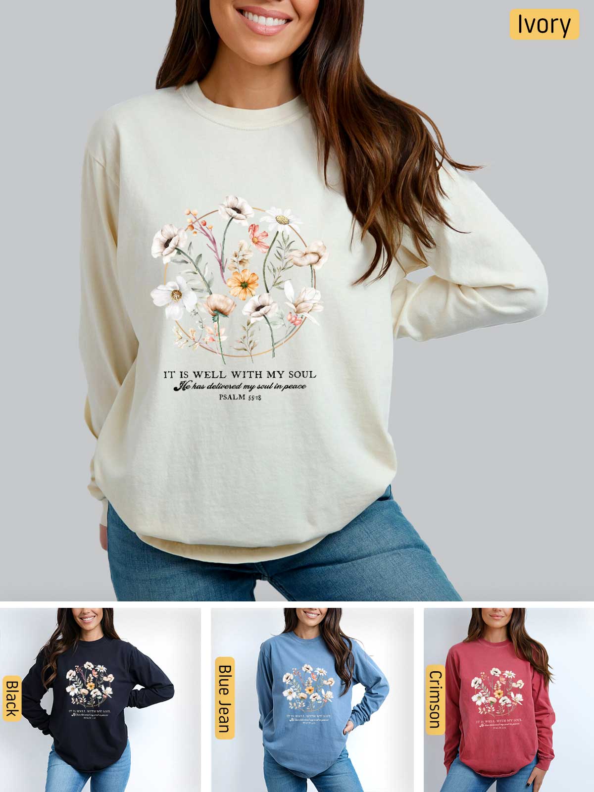 a woman wearing a sweatshirt with flowers on it