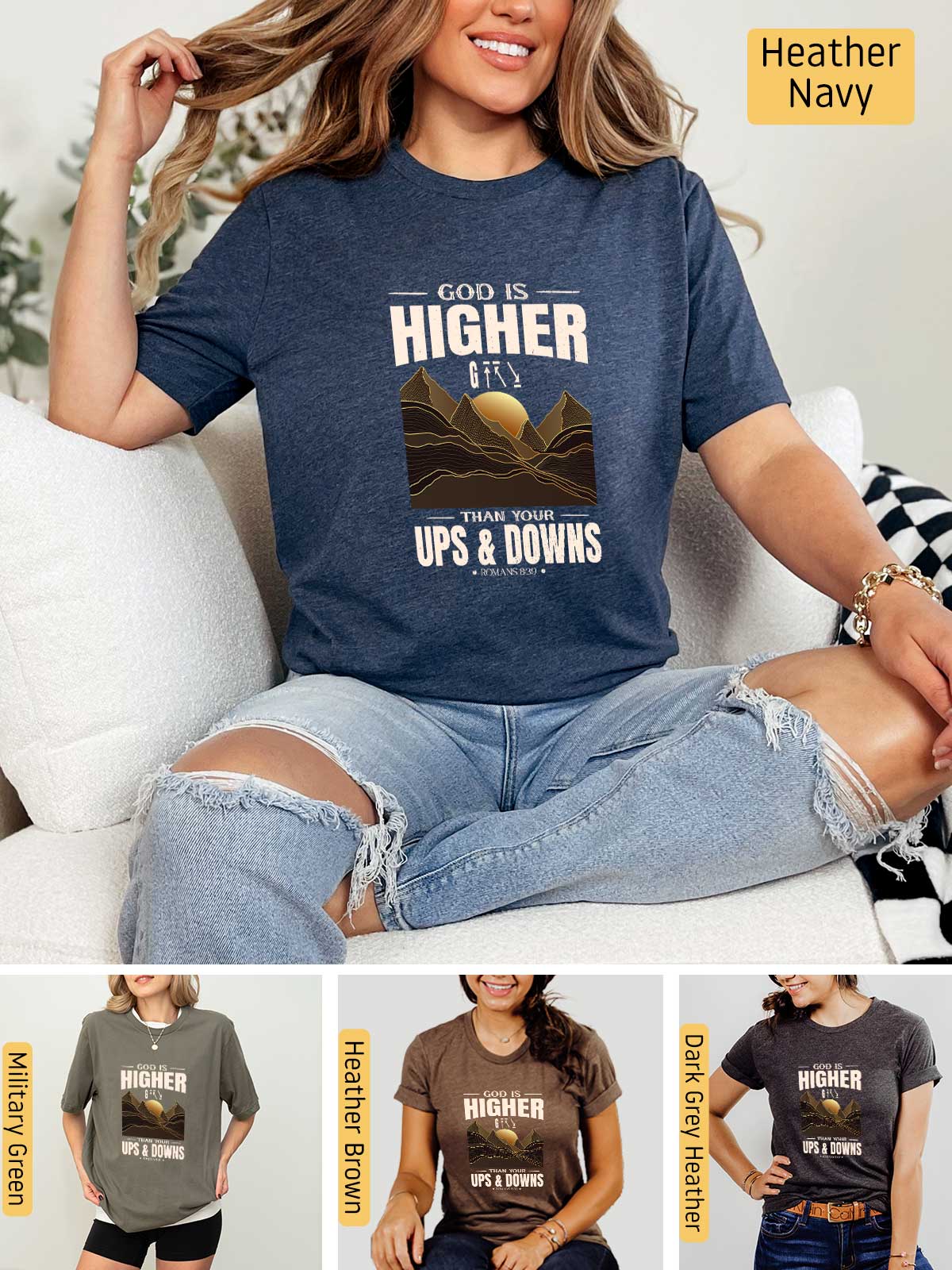 a woman sitting on a couch wearing a t - shirt