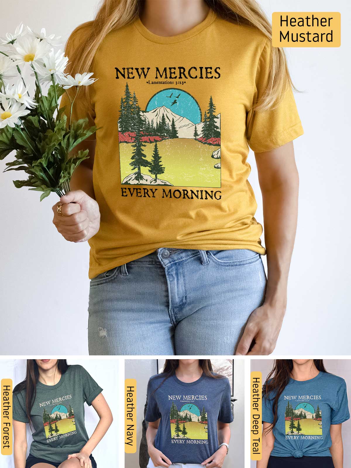 a woman wearing a new mercies every morning t - shirt