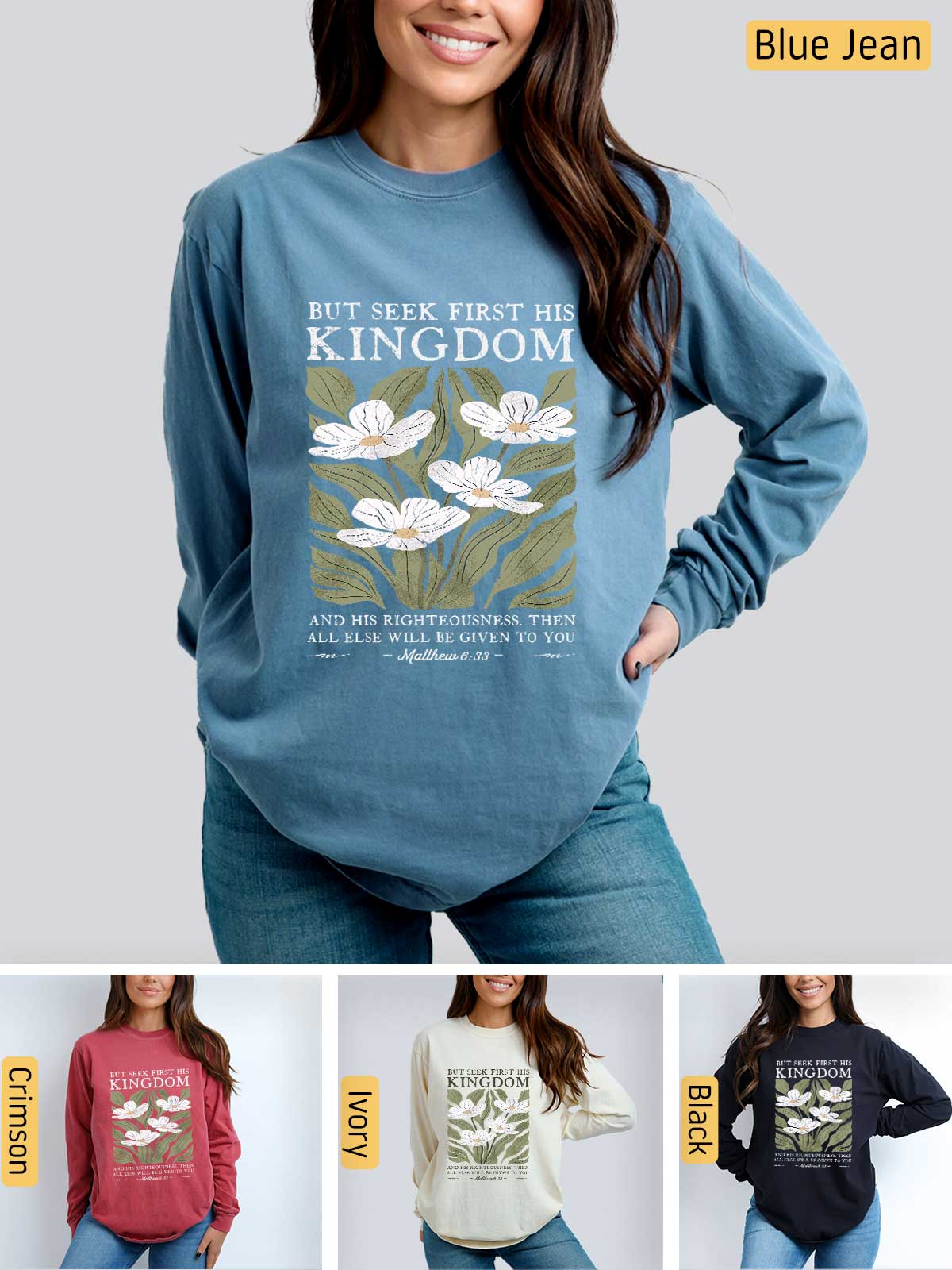 a woman wearing a blue sweatshirt with white flowers on it