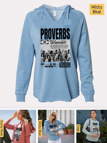 She is Clothed in Strength - Proverbs 31 Woman - Lightweight, Cali Wave-washed Women's Hooded Sweatshirt