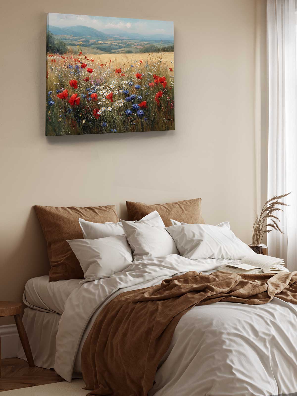 a serene bedroom scene with a bed adorned with white sheets and a brown blanket, and a painting of a field of red poppies hanging above it.