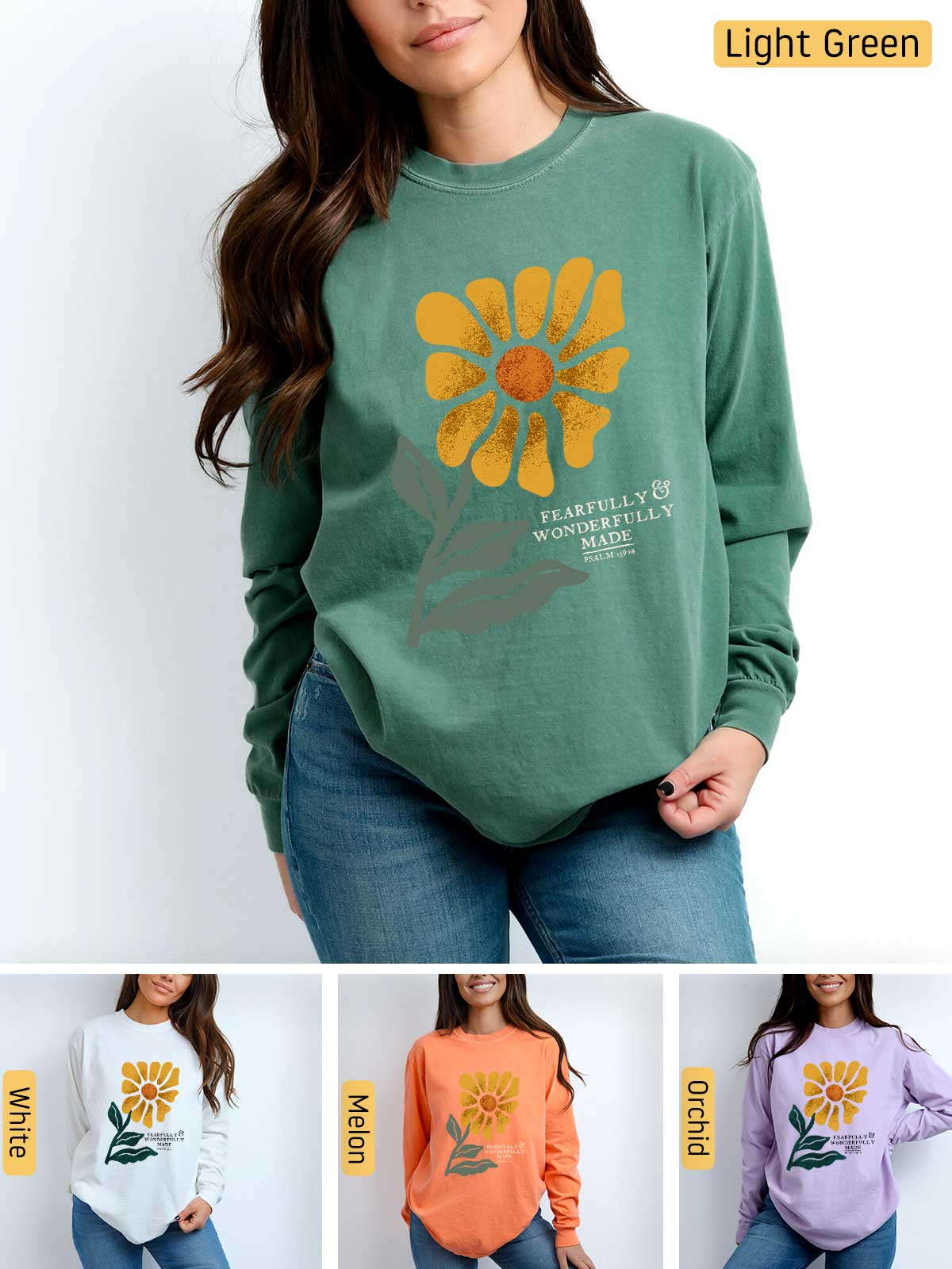 a woman wearing a sweatshirt with a flower on it