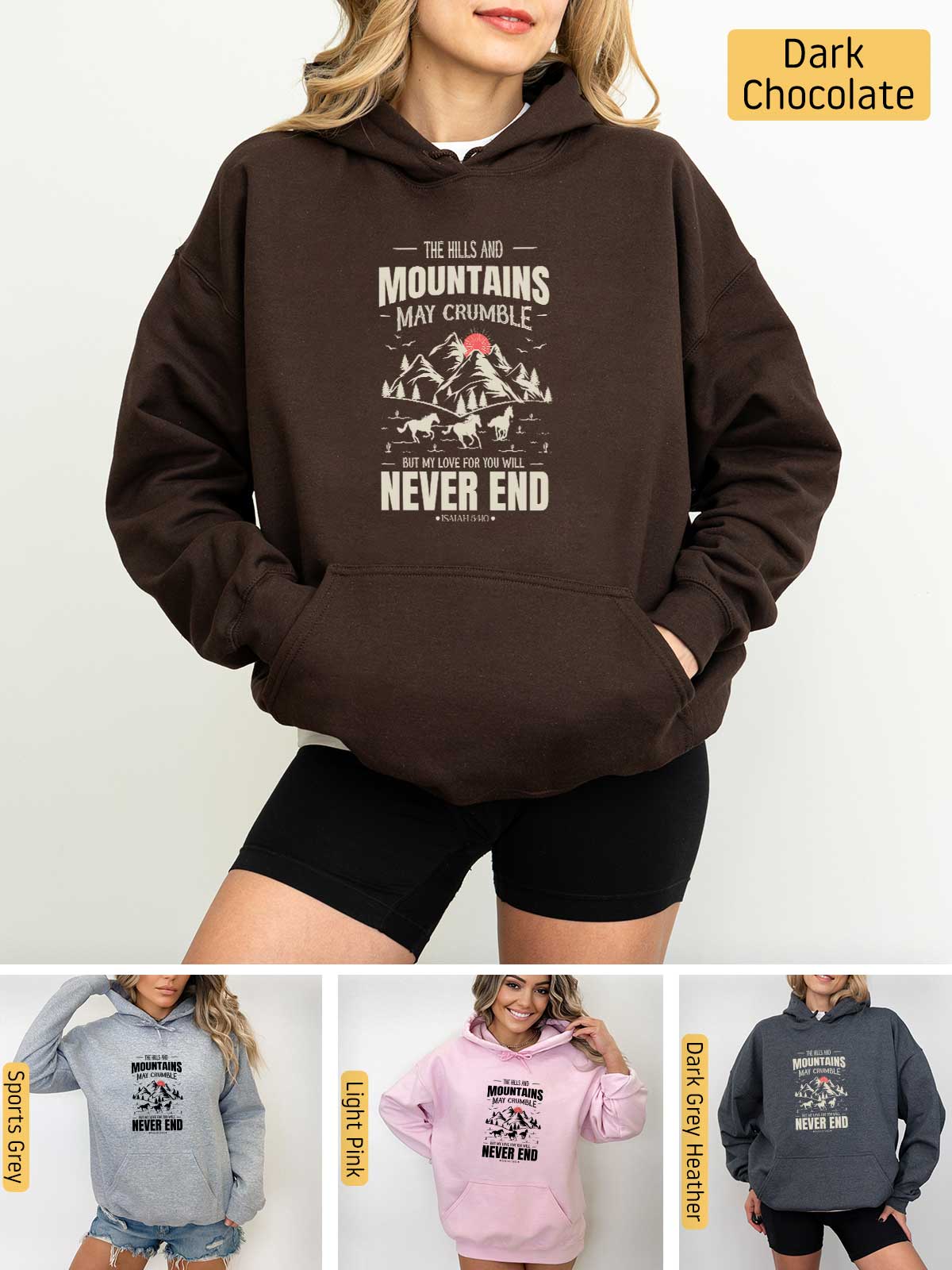 a woman wearing a hoodie that says the wild and the mountains are never end