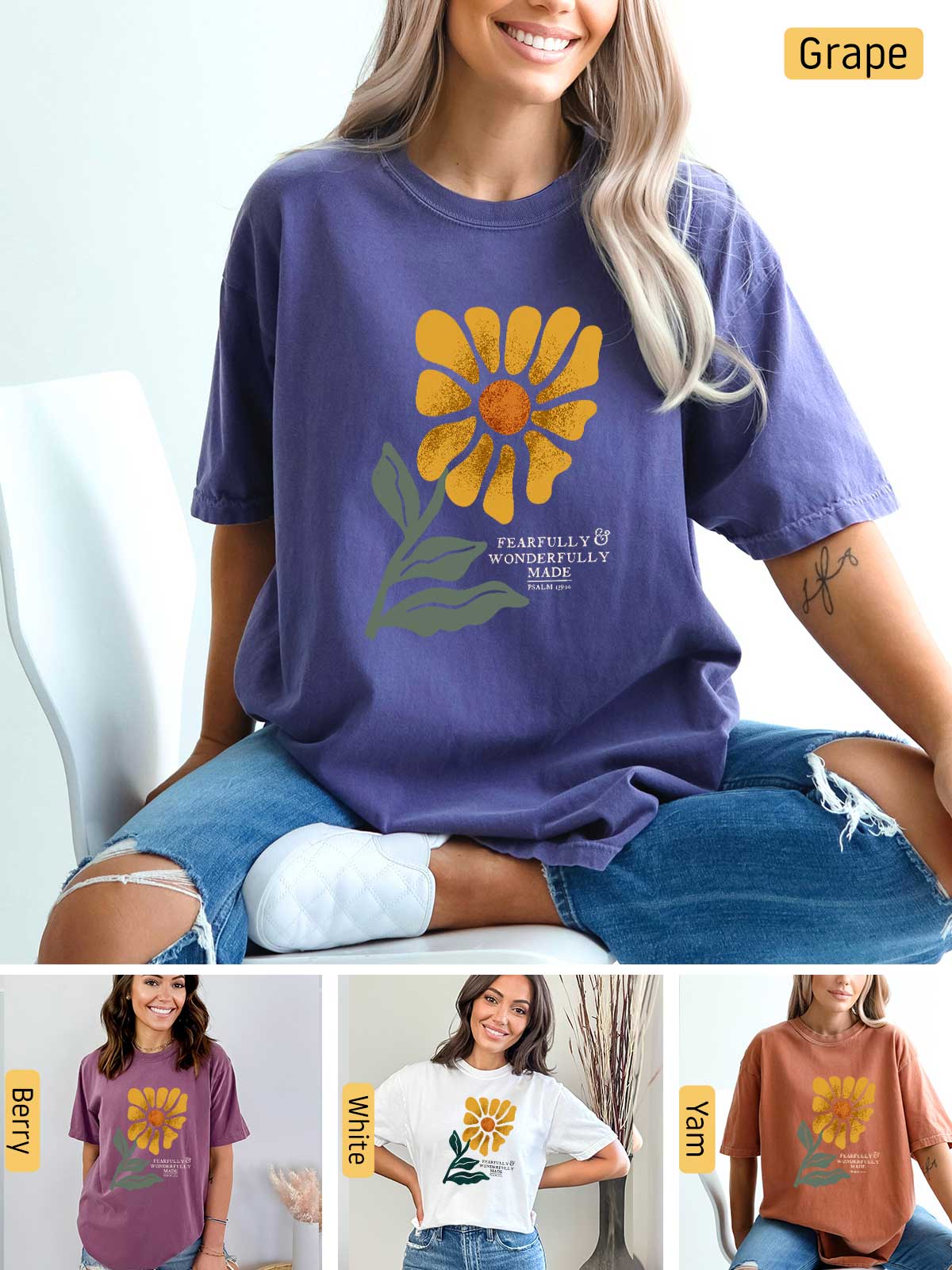 a woman wearing a t - shirt with a flower on it