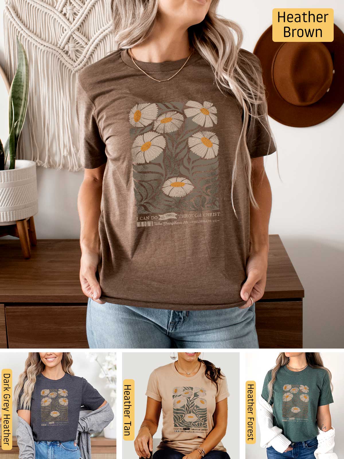 a woman wearing a t - shirt with flowers on it