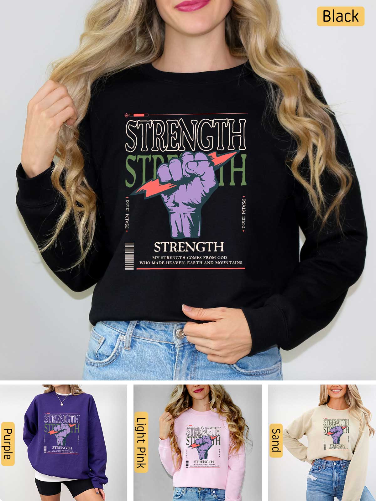 a woman wearing a black sweatshirt with the words strength on it