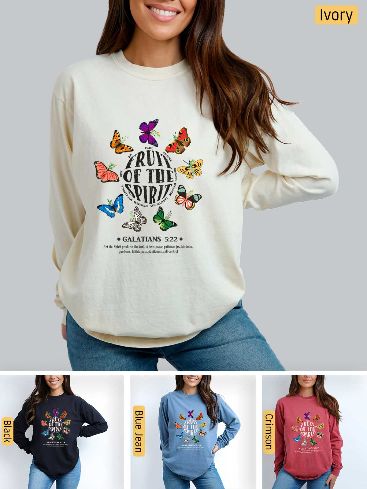 a woman wearing a sweatshirt with butterflies on it