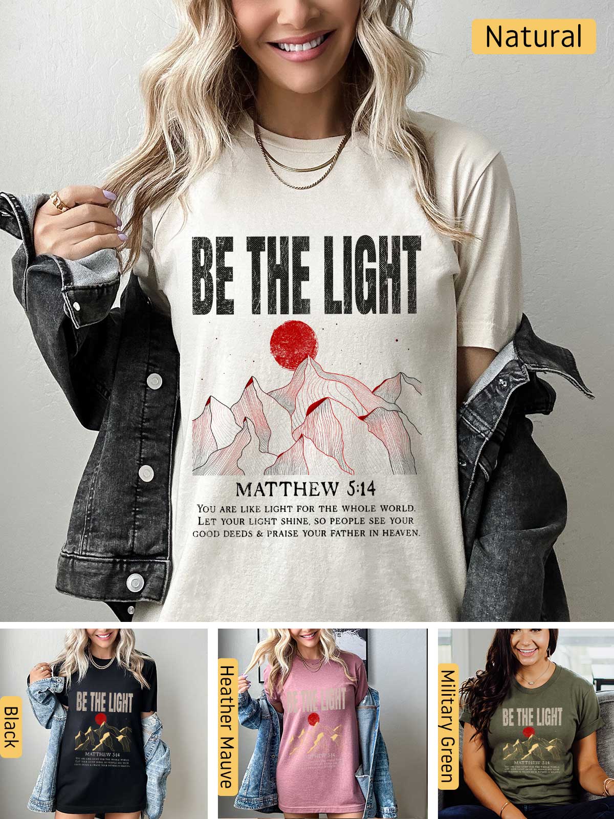 a woman wearing a t - shirt that says be the light