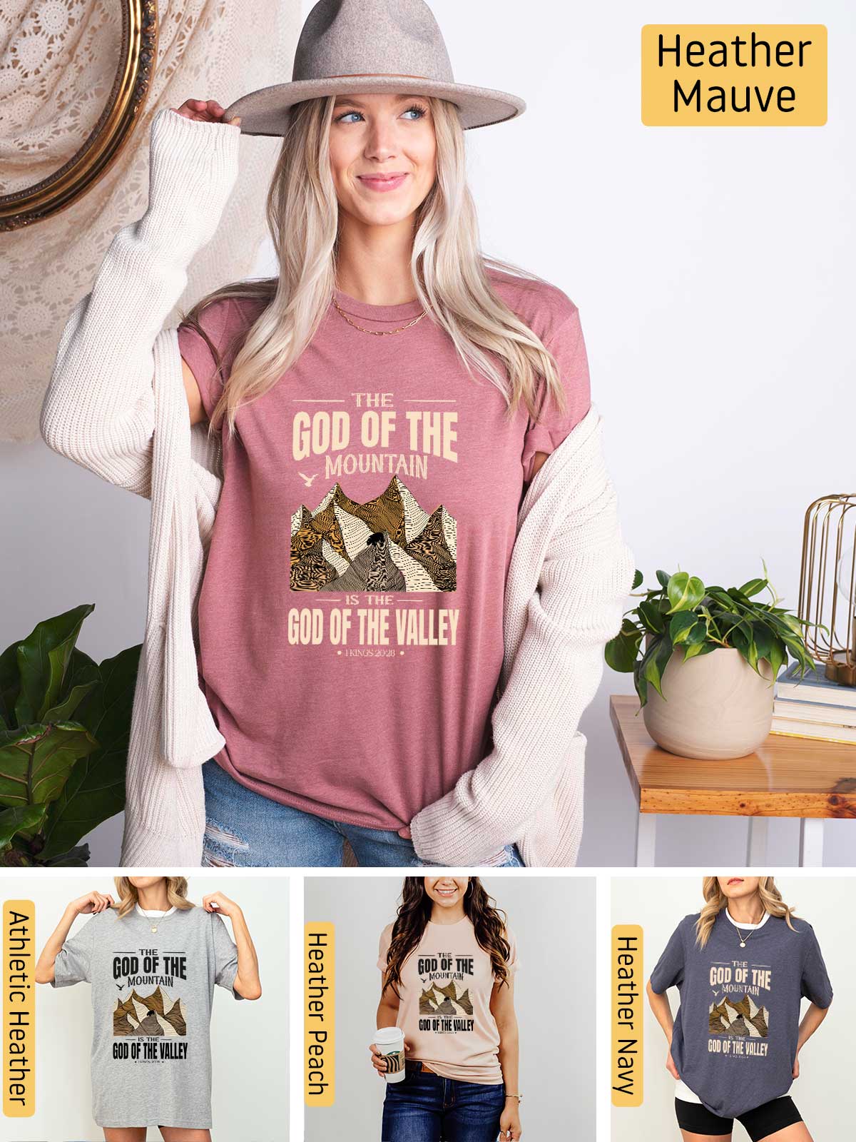 a woman wearing a t - shirt that says god of the mountains