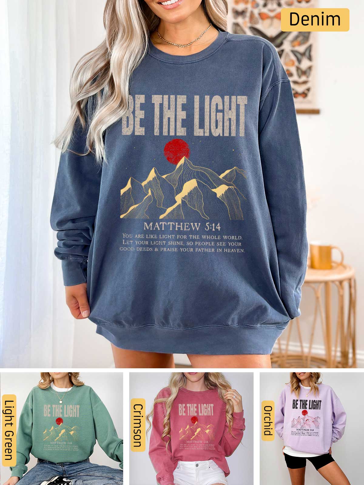 a woman wearing a sweatshirt that says be the light