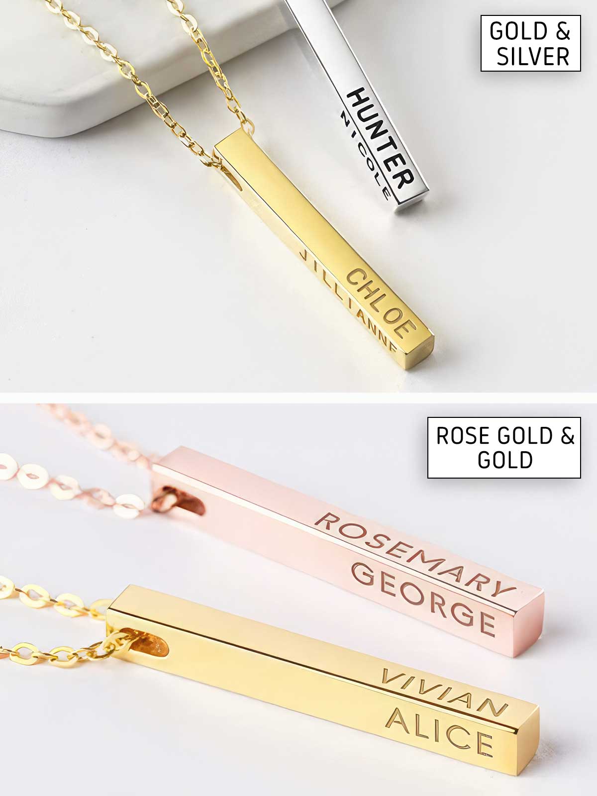 a gold, silver and rose gold bar necklace