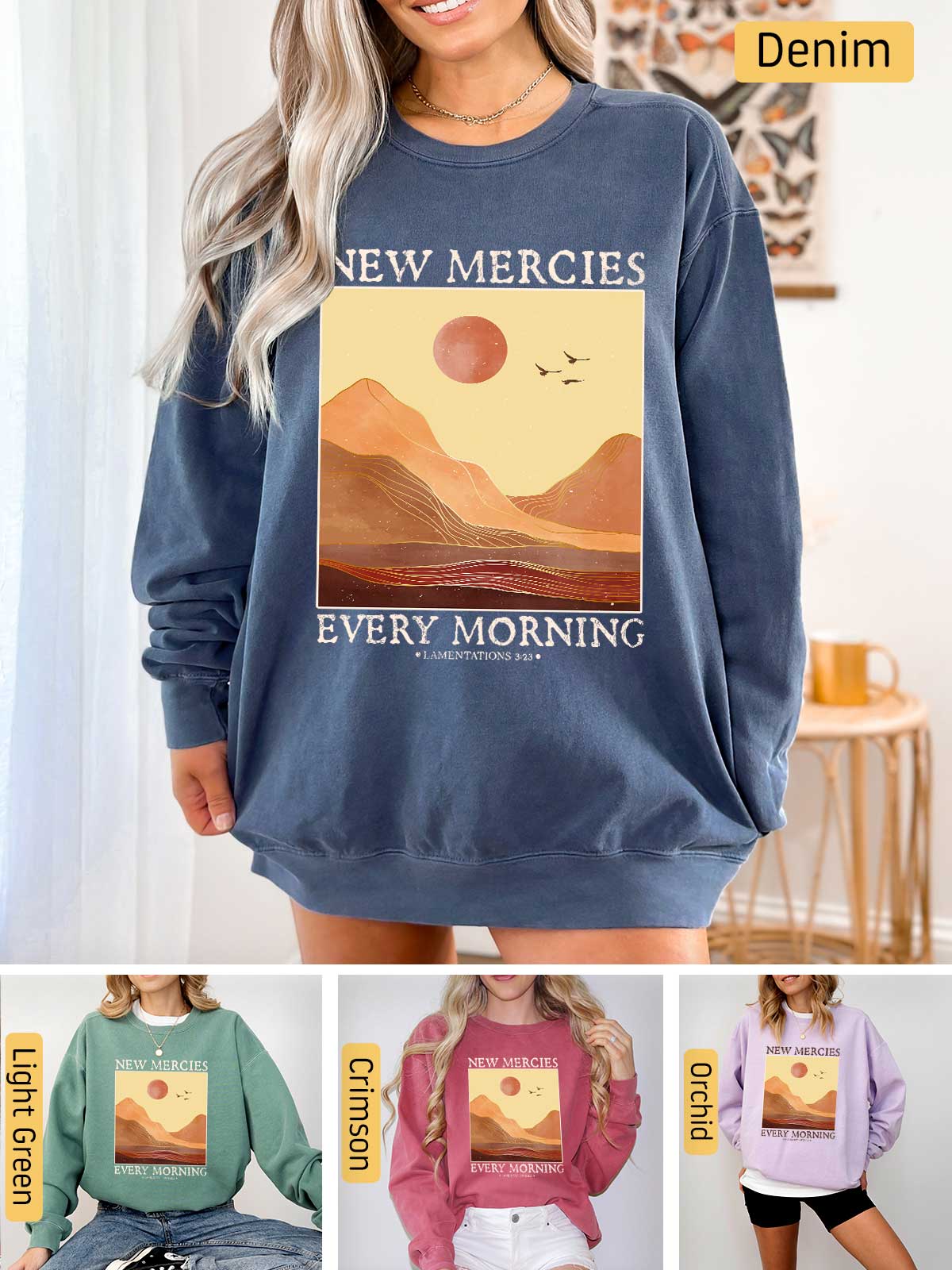 a woman wearing a new mercies every morning sweatshirt