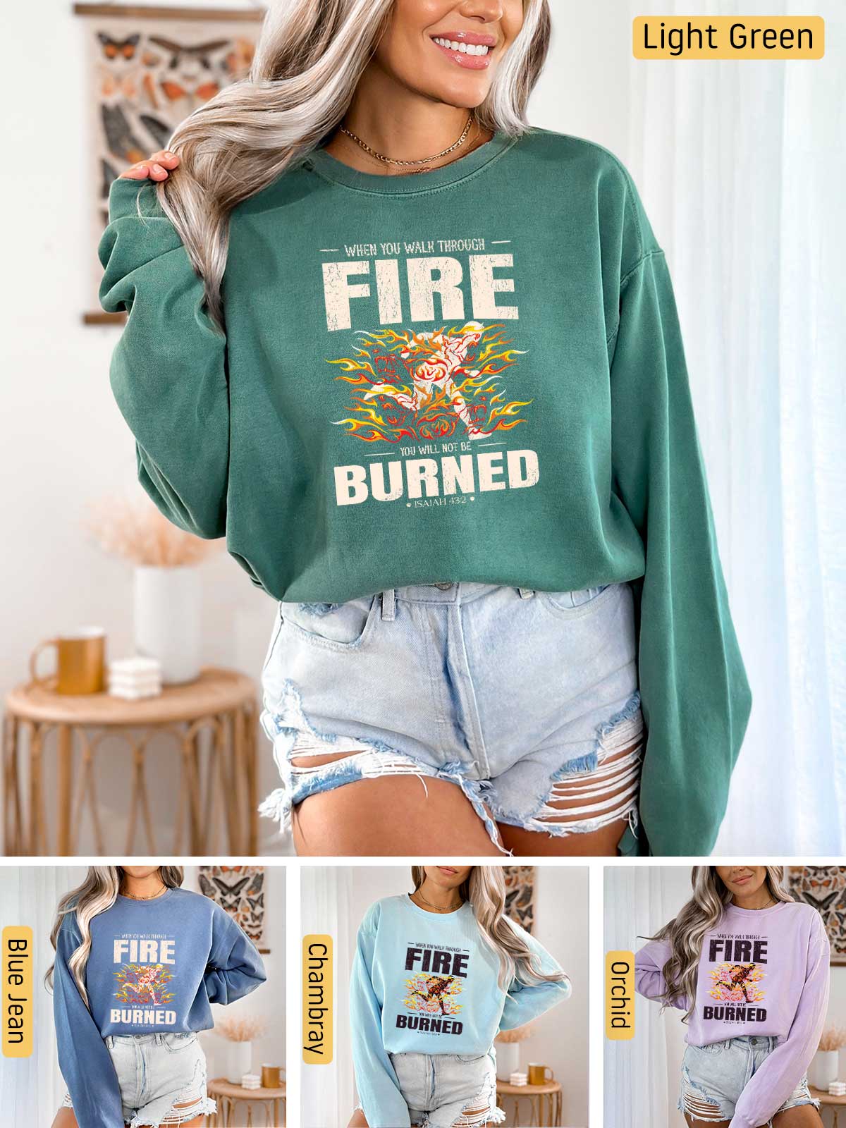 a woman wearing a fire is burned sweatshirt