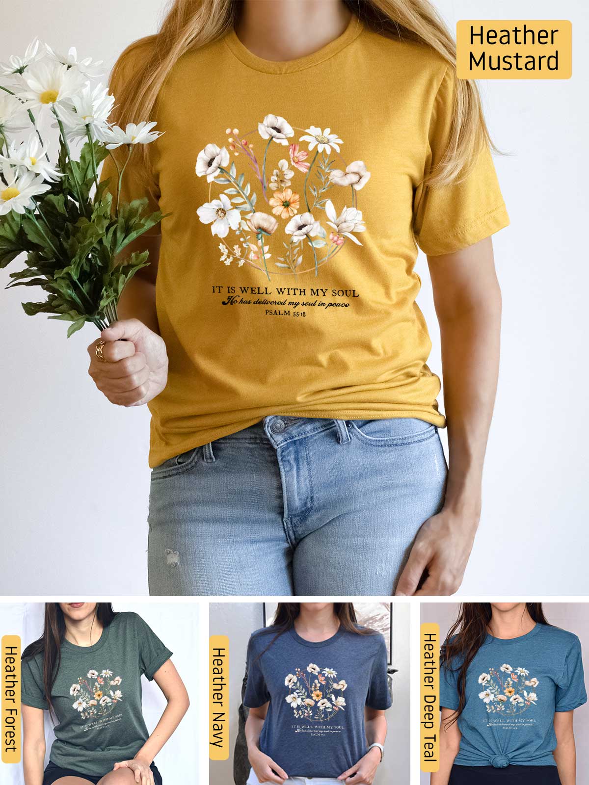 a woman wearing a t - shirt with flowers on it