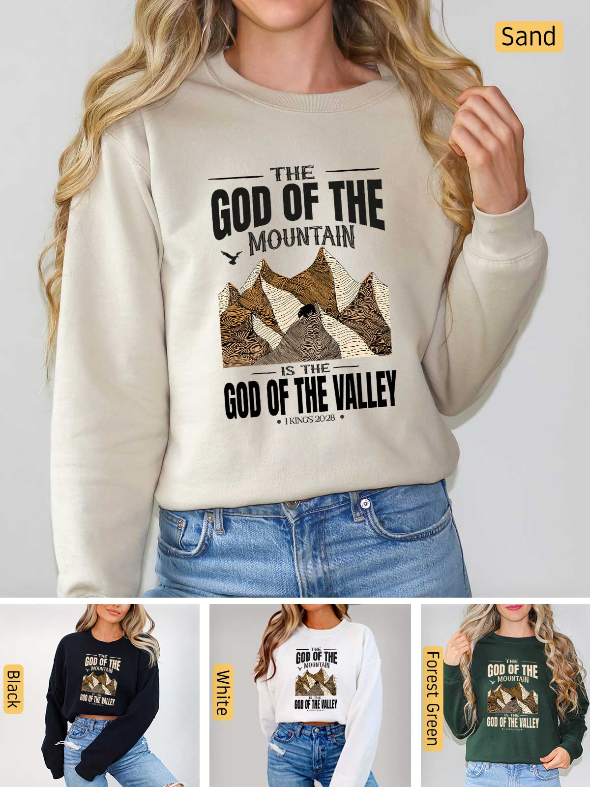 a woman wearing a sweatshirt that says god of the mountain