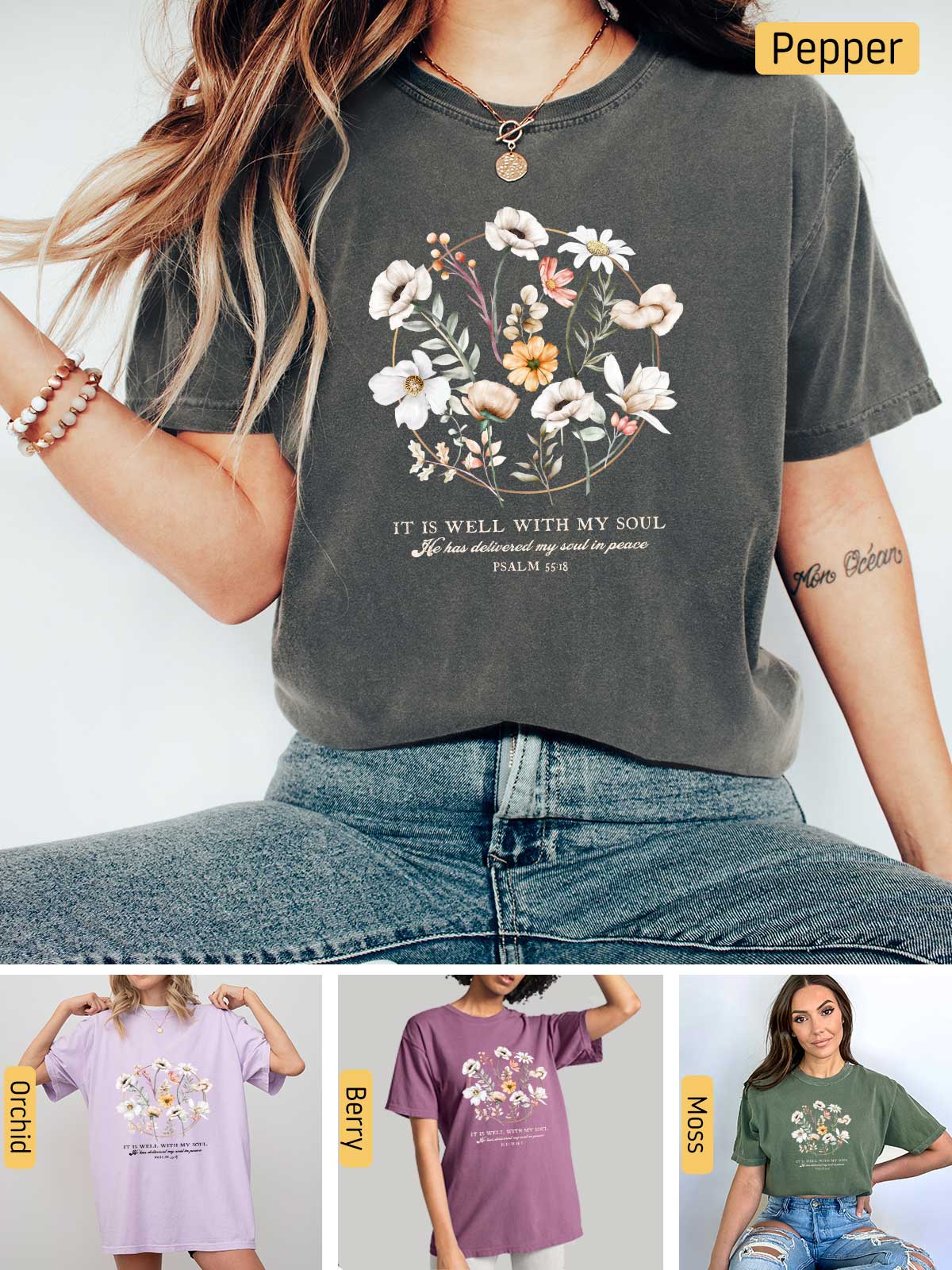 a woman wearing a t - shirt with flowers on it