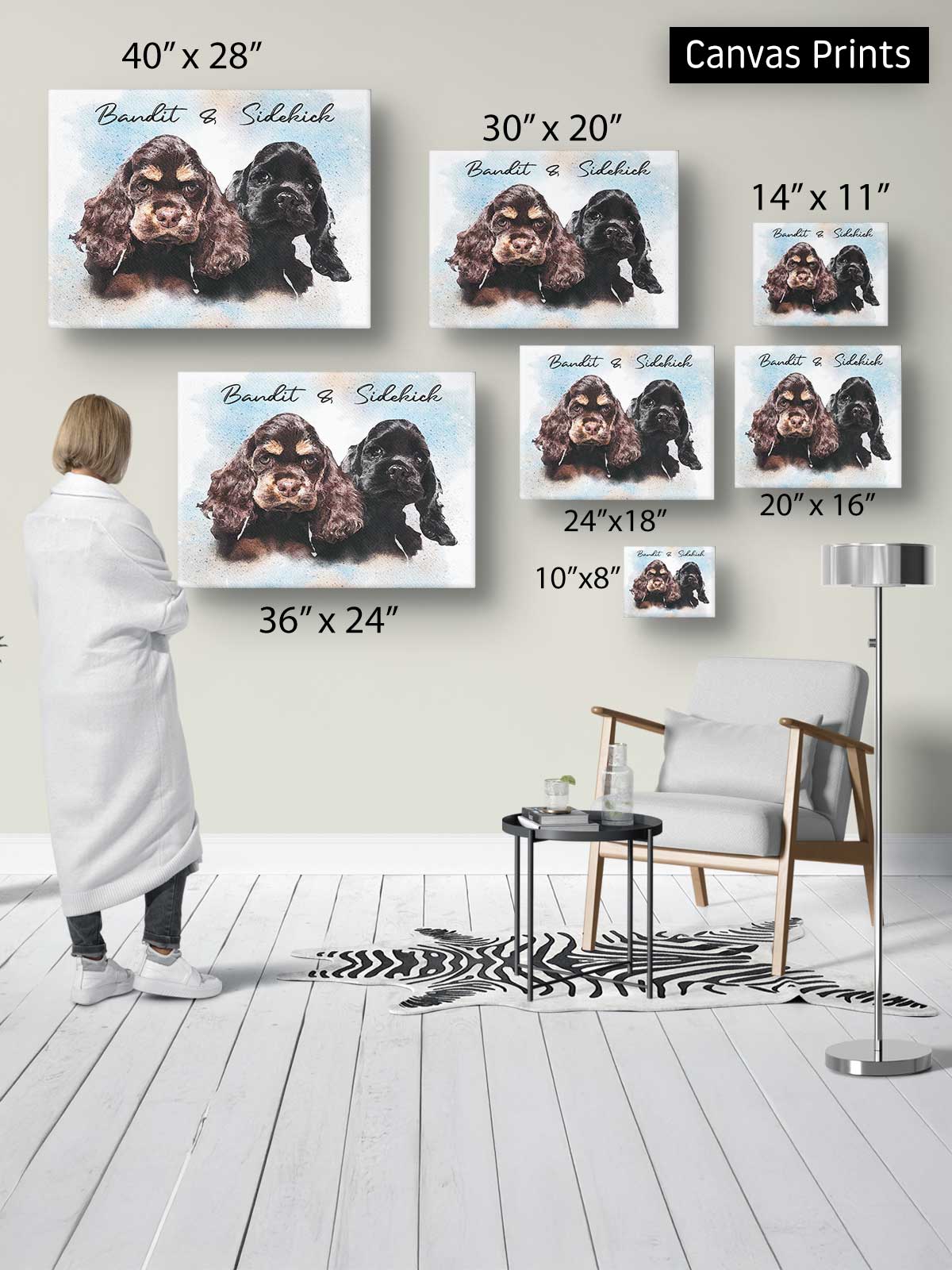 a person standing in a room, looking at a wall with several framed prints of dogs. The prints vary in size and are arranged in a grid-like pattern.