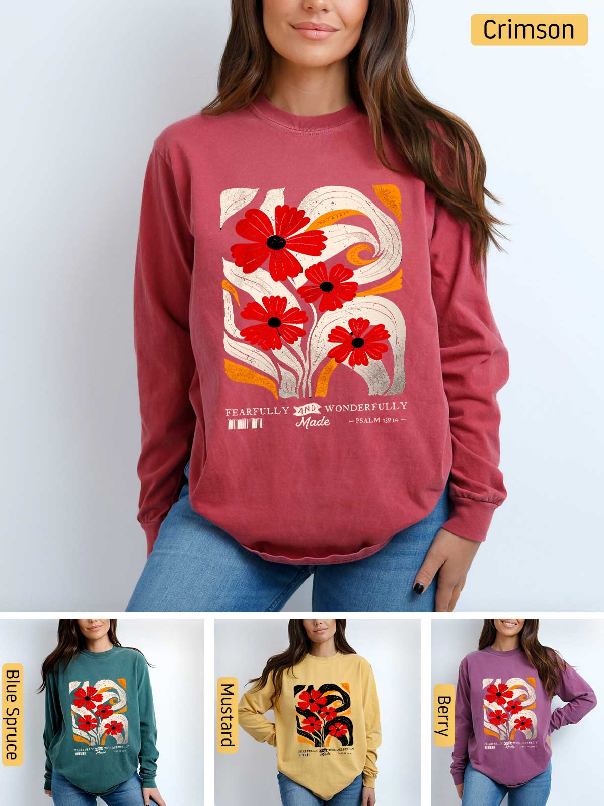 a woman wearing a sweatshirt with flowers on it