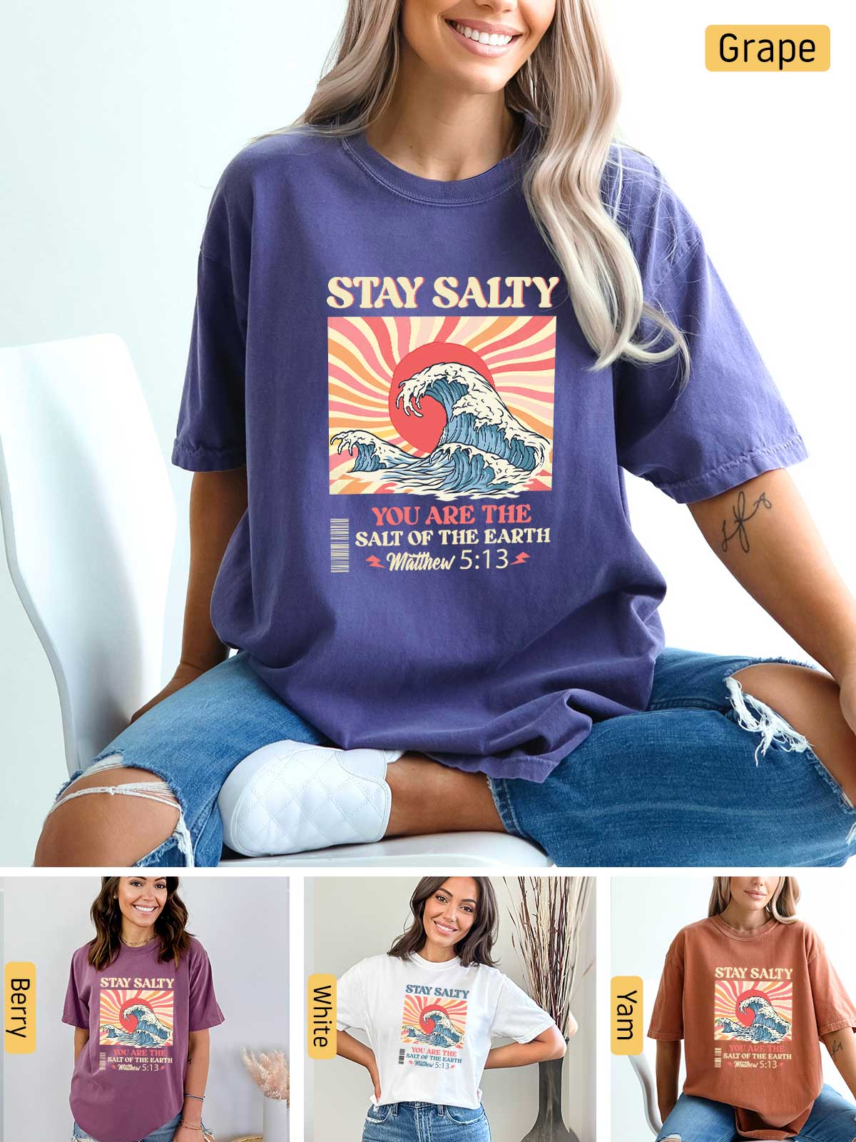 a woman wearing a t - shirt that says stay salty