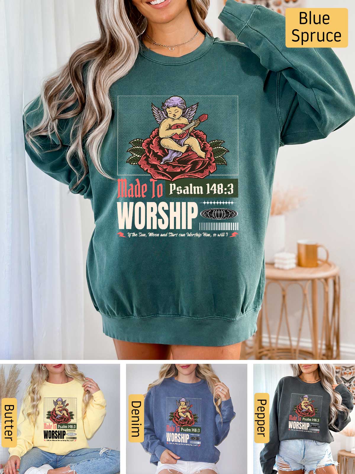 a woman wearing a green sweatshirt with a graphic of a mermaid on it