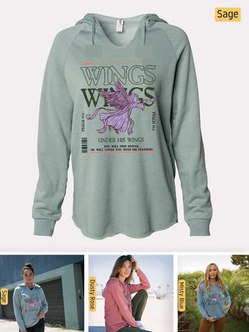 Under His Wings You will find Refuge - Psalm 91:4 - Lightweight, Cali Wave-washed Women's Hooded Sweatshirt