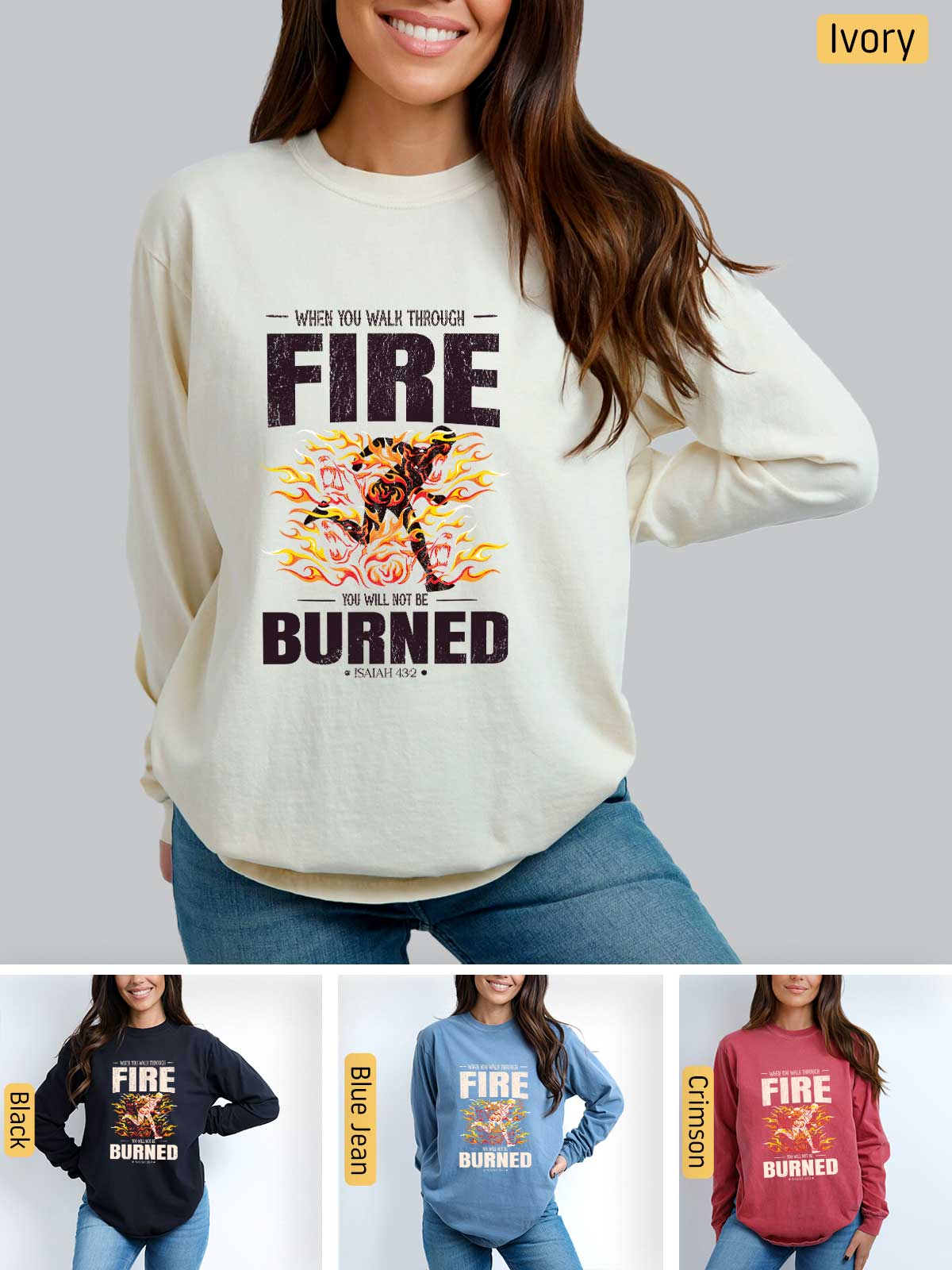 a woman wearing a fire burned sweatshirt