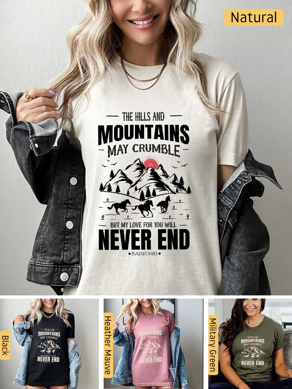 a woman wearing a t - shirt that says the hills and mountains may crumble