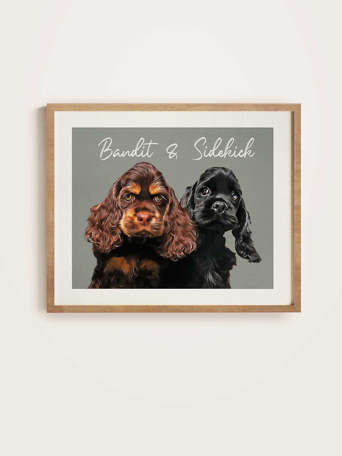 two dogs, one brown and one black, sitting together and looking at the camera.