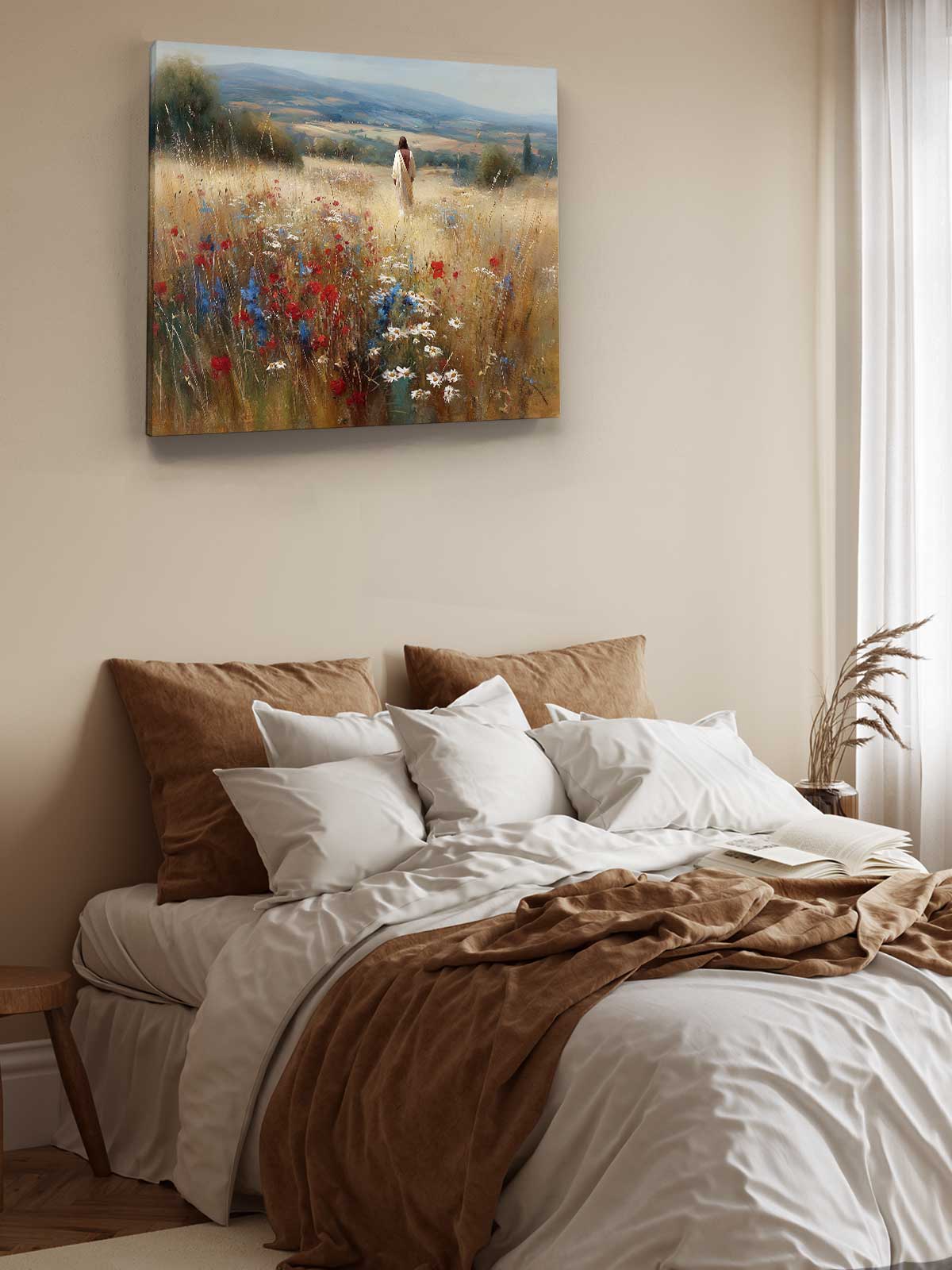 a serene bedroom scene with a bed adorned with white linens and brown throw pillows, and a painting of a field of flowers hanging above it.
